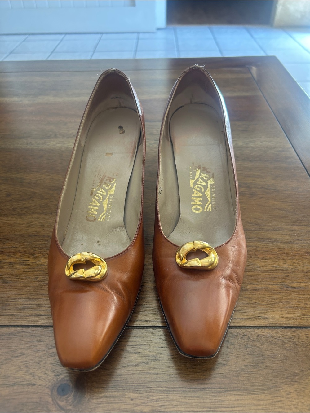 Salvatore Ferragamo Tan Leather Pumps with Gold Buckle